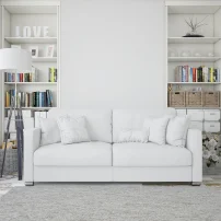 موکاپ فرش اتاق نشیمن با مبل سفید 8509 (Living room carpet mockup with white sofa)