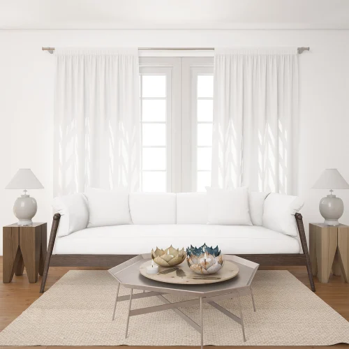موکاپ فرش اتاق نشیمن روشن با مبل سفید 8512 (Bright living room carpet mockup with white sofa)
